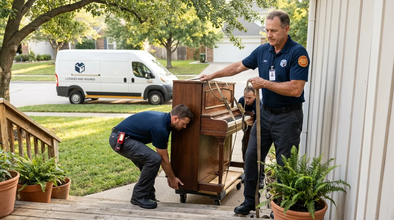 Licensed piano movers securing grand piano in Bondurant, IA