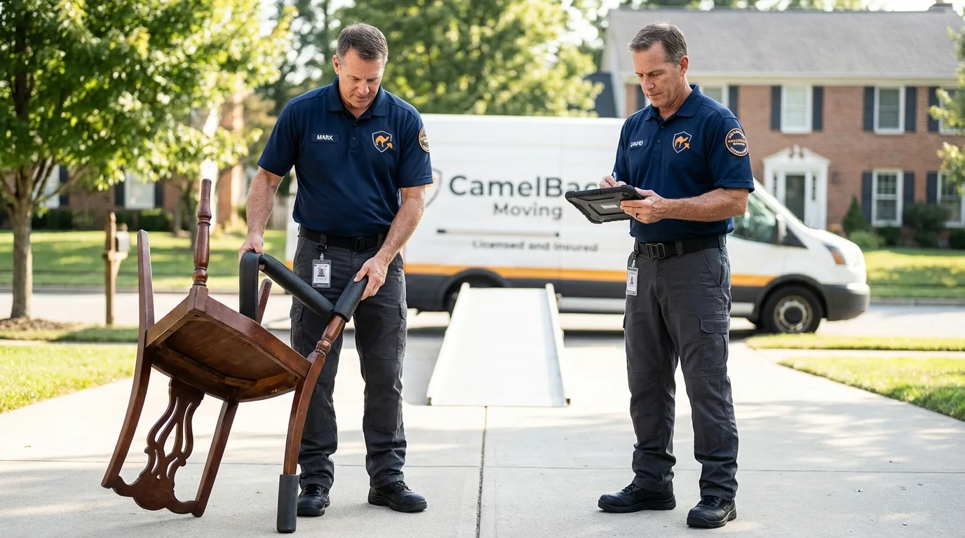 Movers inspecting furniture for damage prevention before loading in Bondurant, IA