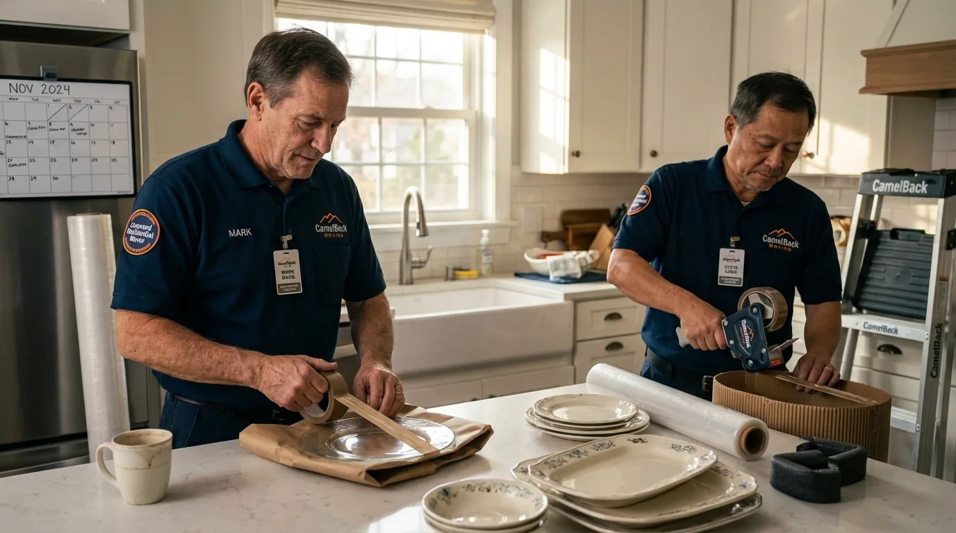 Professional crew packing kitchen dishware in Bondurant, IA